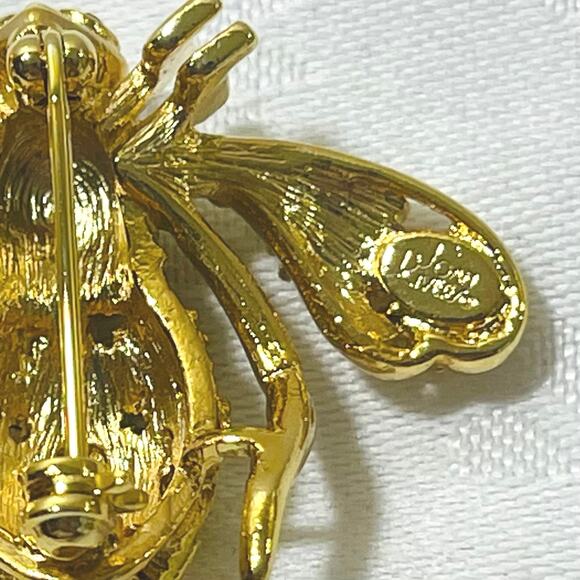 Vtg JOAN RIVERS Sunflower Bee Pin Brooch Crystal Yellow Green Classic Collection - Picture 7 of 11